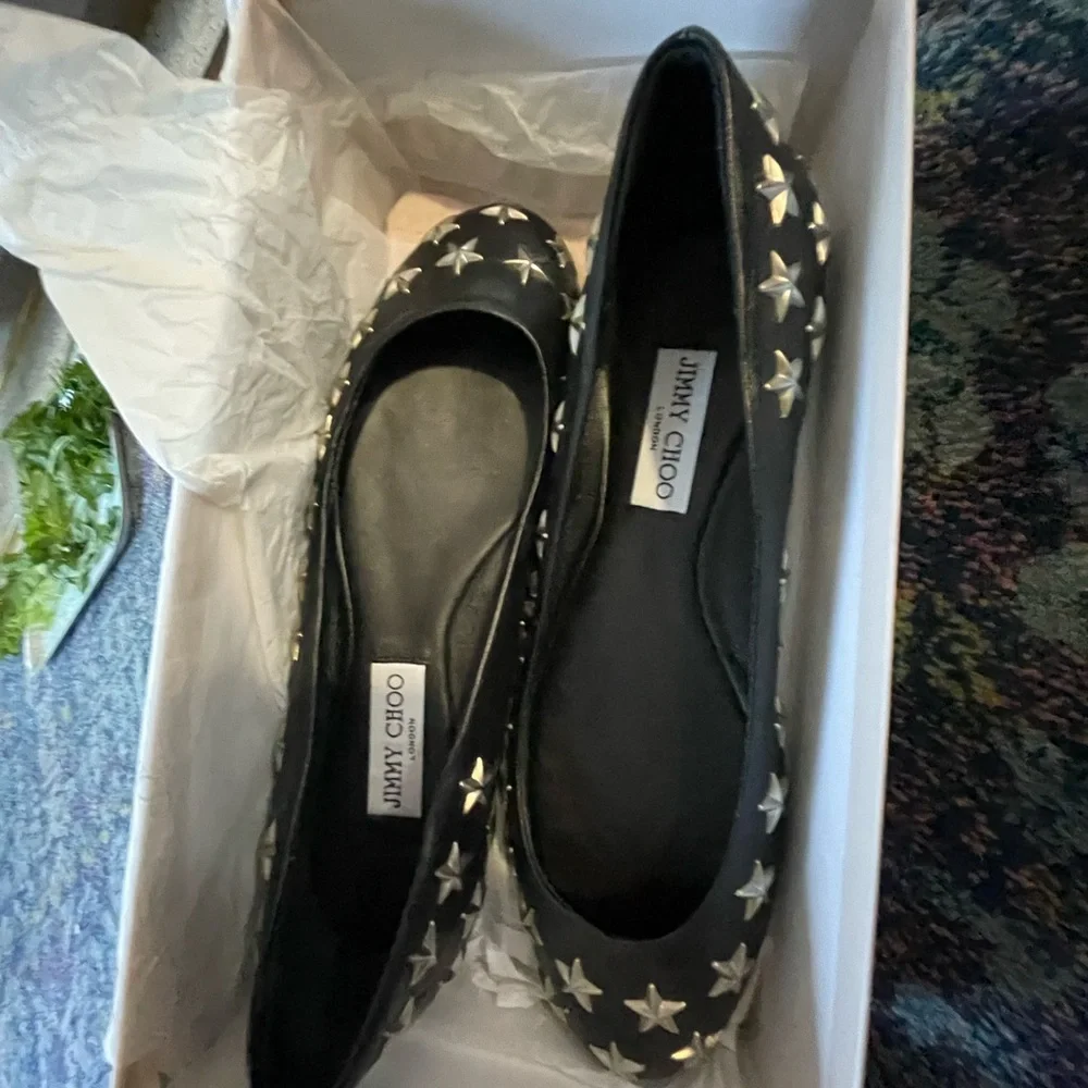 Jimmy Choo Black Star Flats SZ 10 - Picture 2 of 8
